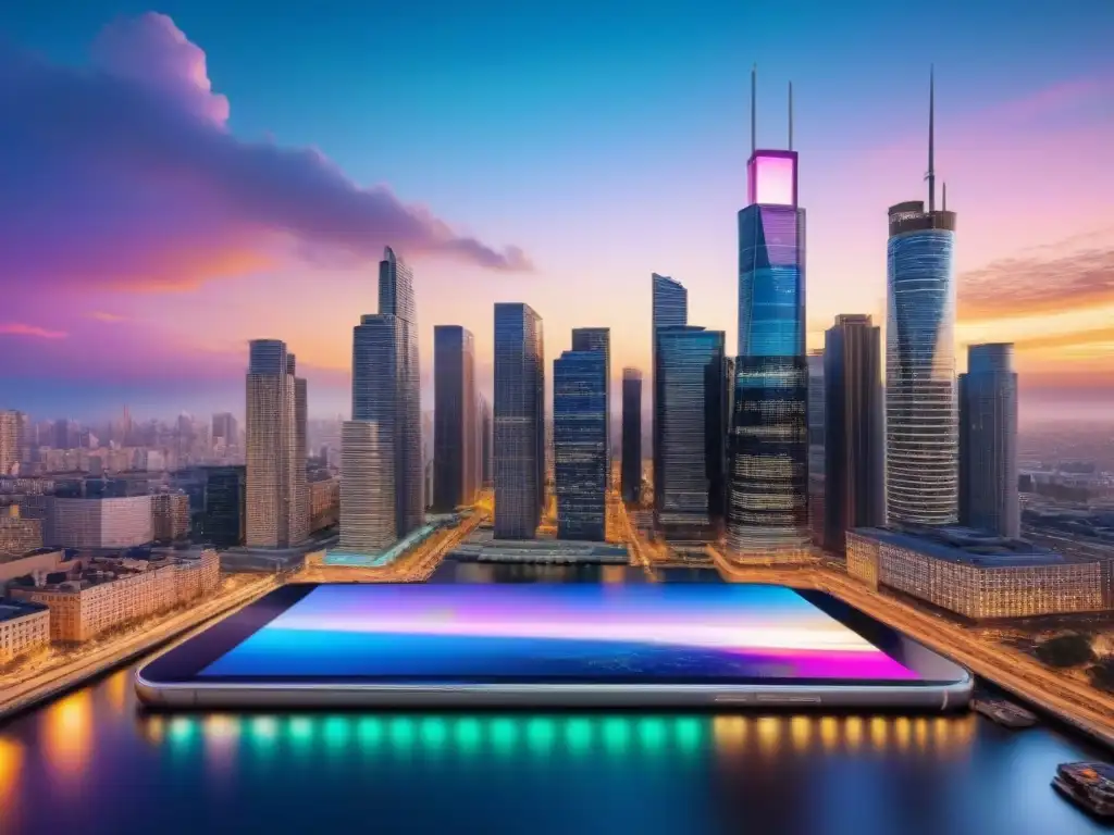 Horizonte urbano moderno: inversión inmobiliaria futurista Un vibrante paisaje urbano al atardecer, con rascacielos iluminados y profesionales discutiendo datos de inversiones inmobiliarias