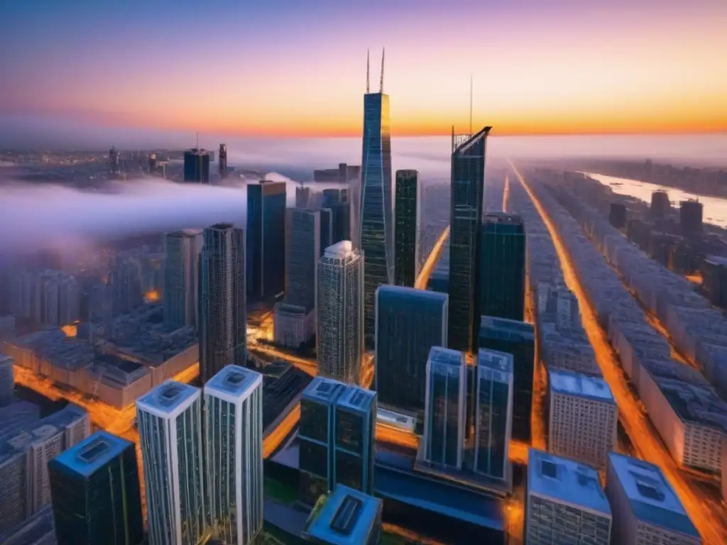 Inversión en REITs: Ciudad moderna al atardecer Un vibrante paisaje urbano al atardecer, con rascacielos modernos y calles bulliciosas, ideal para invertir en el mercado inmobiliario con REITs