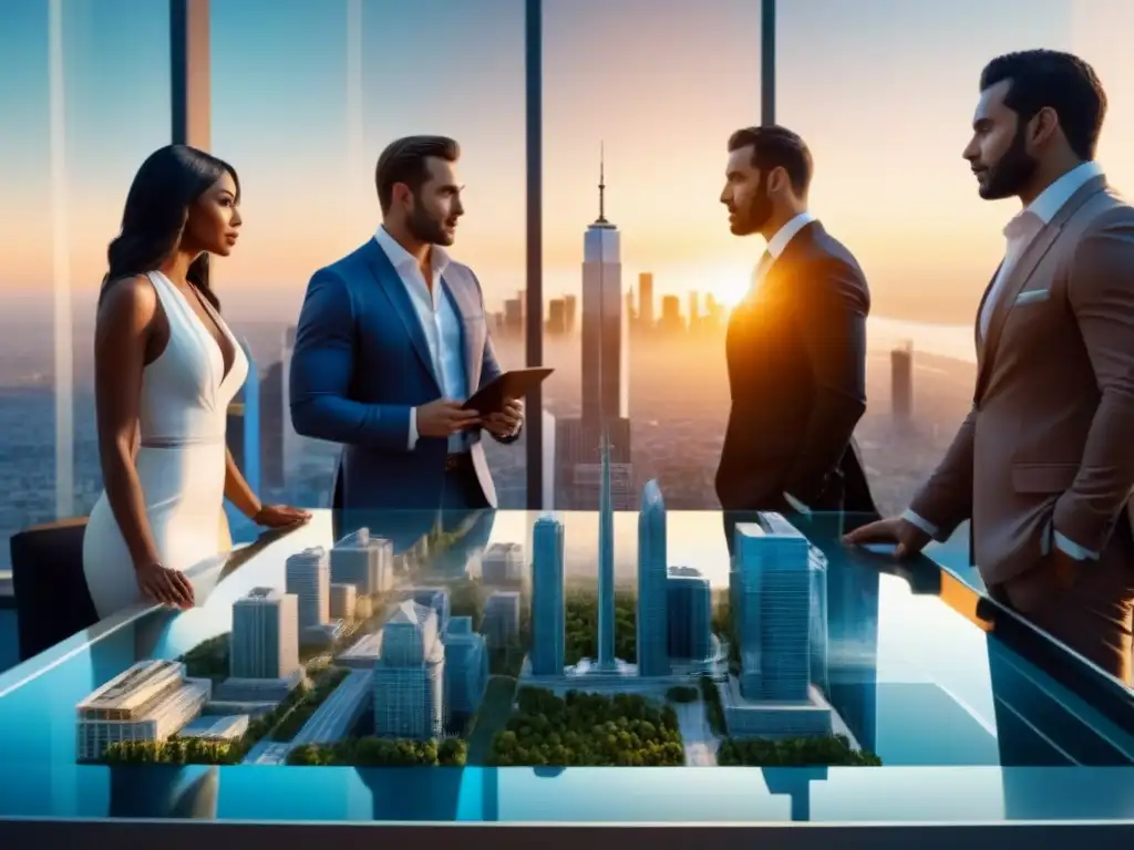 Vibrante ciudad al atardecer: innovación y colaboración urbanas Un vibrante paisaje urbano al atardecer con rascacielos modernos y profesionales discutiendo sobre planos y mapas en una mesa transparente futurista