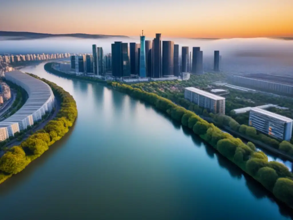 Espléndida vista aérea de una ciudad moderna al atardecer Un vibrante paisaje urbano al atardecer con rascacielos y un río sereno, transmitiendo seguridad en transacciones inmobiliarias
