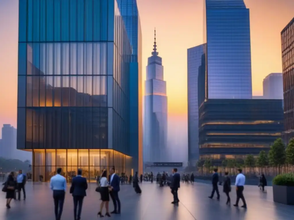 Horizonte urbano al atardecer: vibrante mercado inmobiliario Un vibrante paisaje urbano al atardecer, con rascacielos y profesionales en discusión, reflejando el mercado de seguros propiedades comerciales mitos