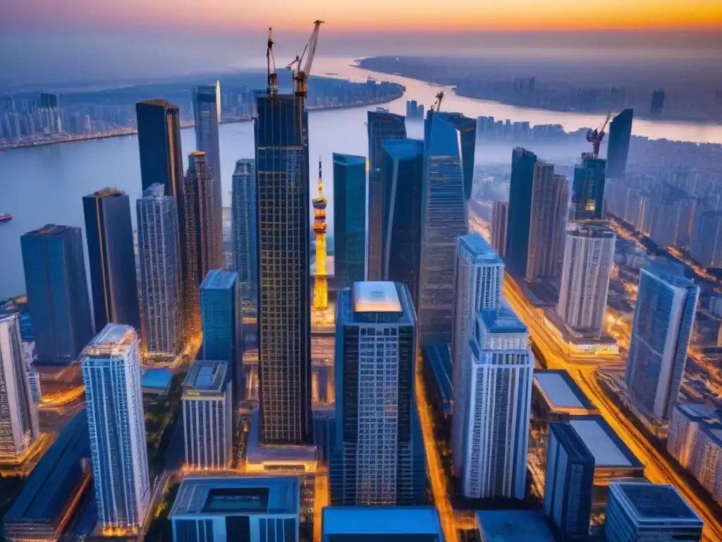Metrópolis moderna en crecimiento: ¡Aprovecha la oportunidad de inversión! Un vibrante paisaje urbano al atardecer, reflejando la energía y potencial de inversión en el mercado inmobiliario