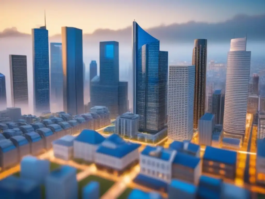 Ilustración detallada de ciudad financiera con rascacielos y gráficos Un vibrante paisaje urbano detallado con elementos financieros en edificios, destacando errores en análisis de bienes raíces