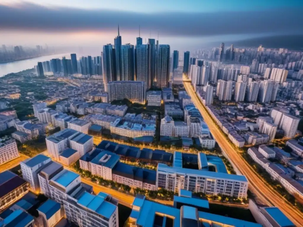 Metrópolis moderna: panorámica detallada de la ciudad en auge Vibrante paisaje urbano con diversidad de rascacielos y complejos residenciales, ilustrando la gestión de riesgos en inversión inmobiliaria
