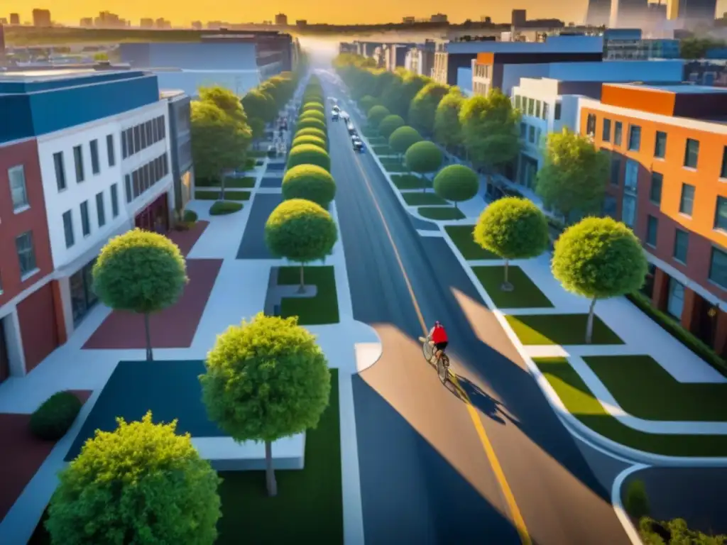 Vista aérea detallada de ciudad vibrante al atardecer Un vibrante paisaje urbano con una diversidad demográfica en constante movimiento