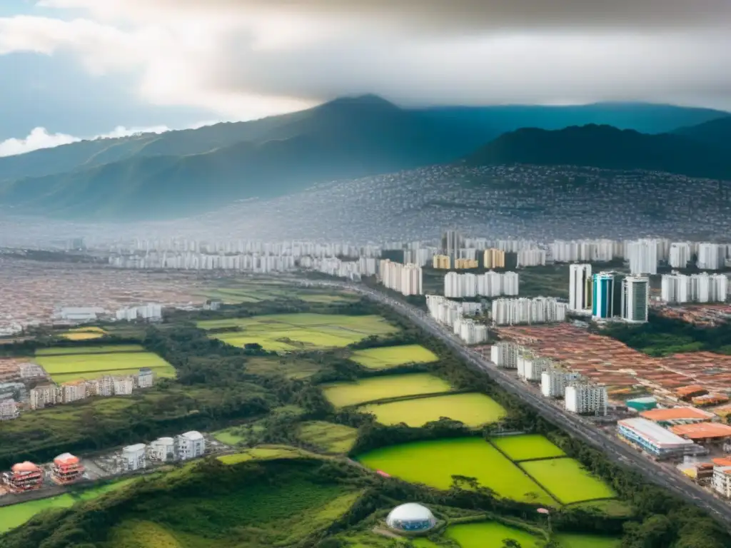 Ecuador: Ciudad moderna y vibrante Un vibrante paisaje urbano ecuatoriano con rascacielos modernos, parques verdes y mercados bulliciosos