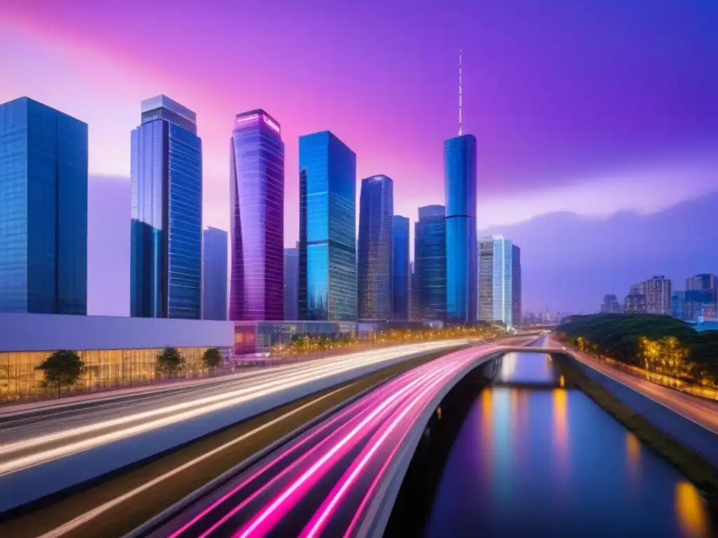 Edificio futurista en ciudad vibrante al atardecer Vibrante paisaje urbano al anochecer con edificio comercial futurista y luces de tráfico