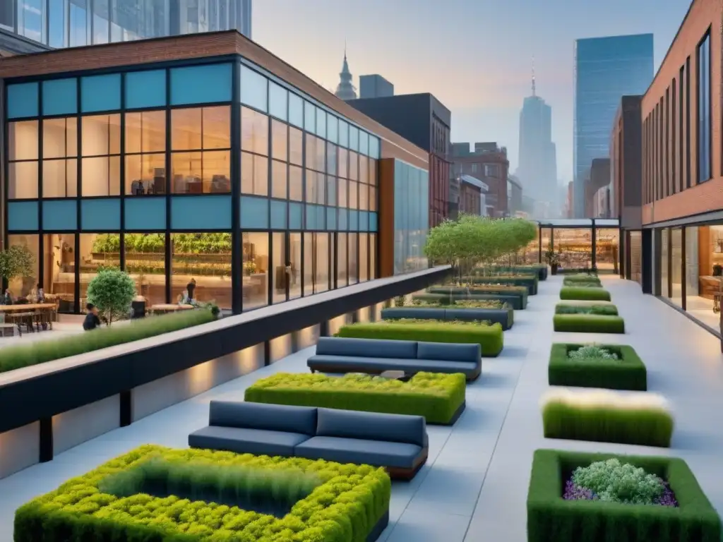 Edificio comercial moderno en ciudad vibrante Un vibrante paisaje urbano donde destaca un edificio comercial multifuncional, fusionando estilos arquitectónicos antiguos y modernos