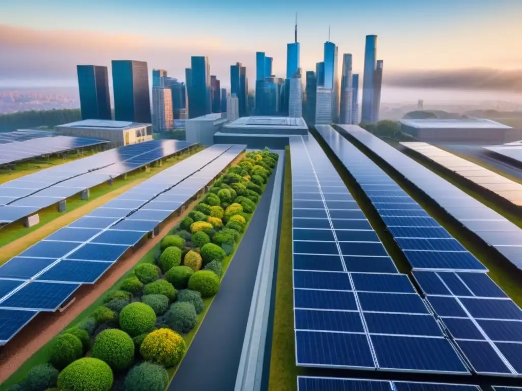 Innovación sostenible: profesionales debaten en paisaje urbano verde Un vibrante paisaje urbano con edificios sostenibles, colaboración e innovación en inversiones sostenibles mercado inmobiliario