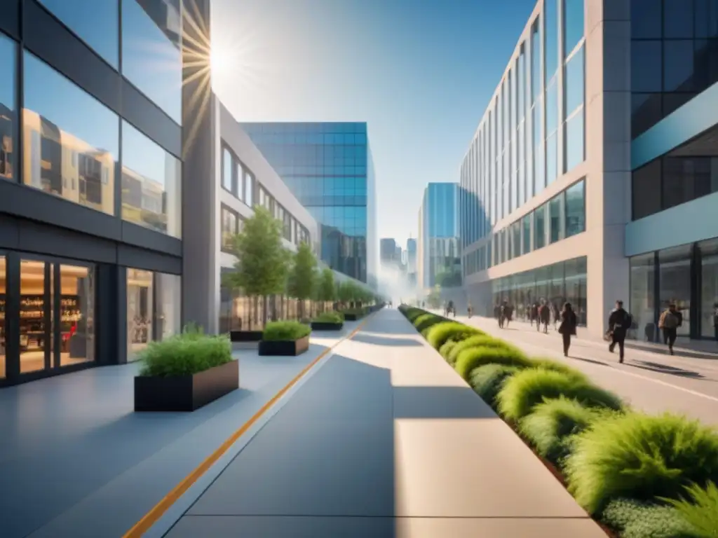 Vibrante escena urbana: arquitectura moderna y energía comercial Un vibrante paisaje urbano de edificios comerciales modernos reflejando la investigación de mercado en espacios comerciales prósperos