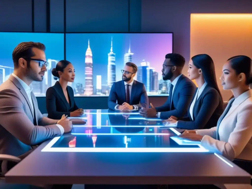Reunión de innovación en la ciudad futurista con IA Un vibrante paisaje urbano futurista con rascacielos iluminados por luces de neón y pantallas holográficas