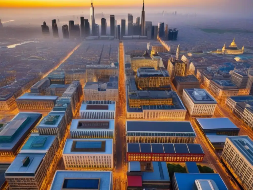 Centro urbano: fusión de historia y modernidad Un vibrante paisaje urbano refleja la identidad cultural de la región con edificios modernos y tradicionales en una ciudad bulliciosa al atardecer