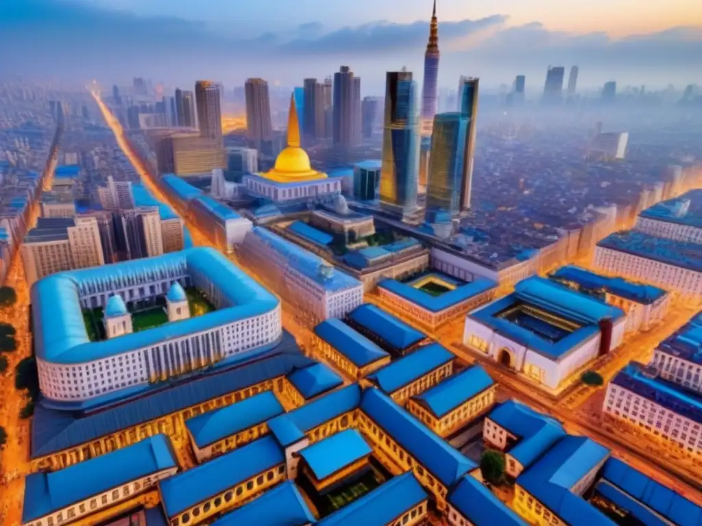 Metrópolis multicultural: arquitectura diversa y bulliciosa vida urbana Un vibrante paisaje urbano que refleja la identidad cultural de la región con una mezcla de estilos arquitectónicos