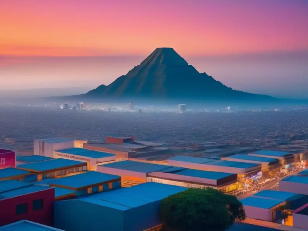 Modernidad y tradición: panorama inmobiliario en México Un vibrante paisaje urbano mexicano con rascacielos modernos al atardecer y anuncios de publicidad inmobiliaria en México normativas