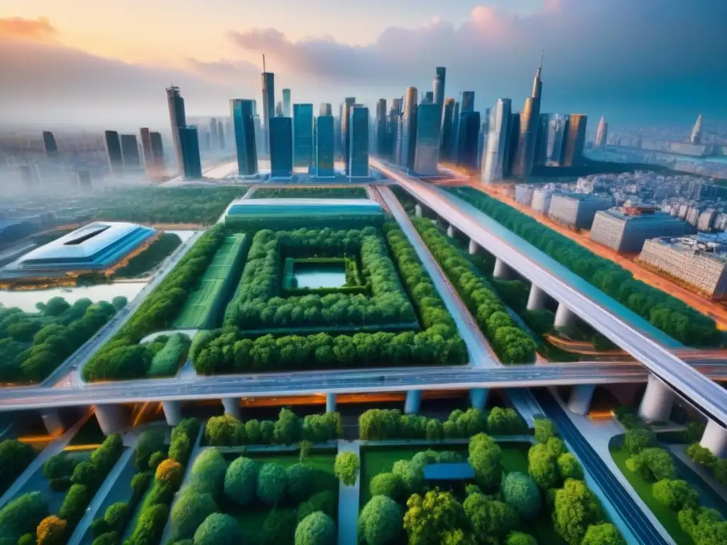 Metrópolis moderna: arquitectura futurista y espacios verdes vibrantes Un vibrante paisaje urbano con modernos rascacielos, espacios públicos verdes e innovadora arquitectura urbana