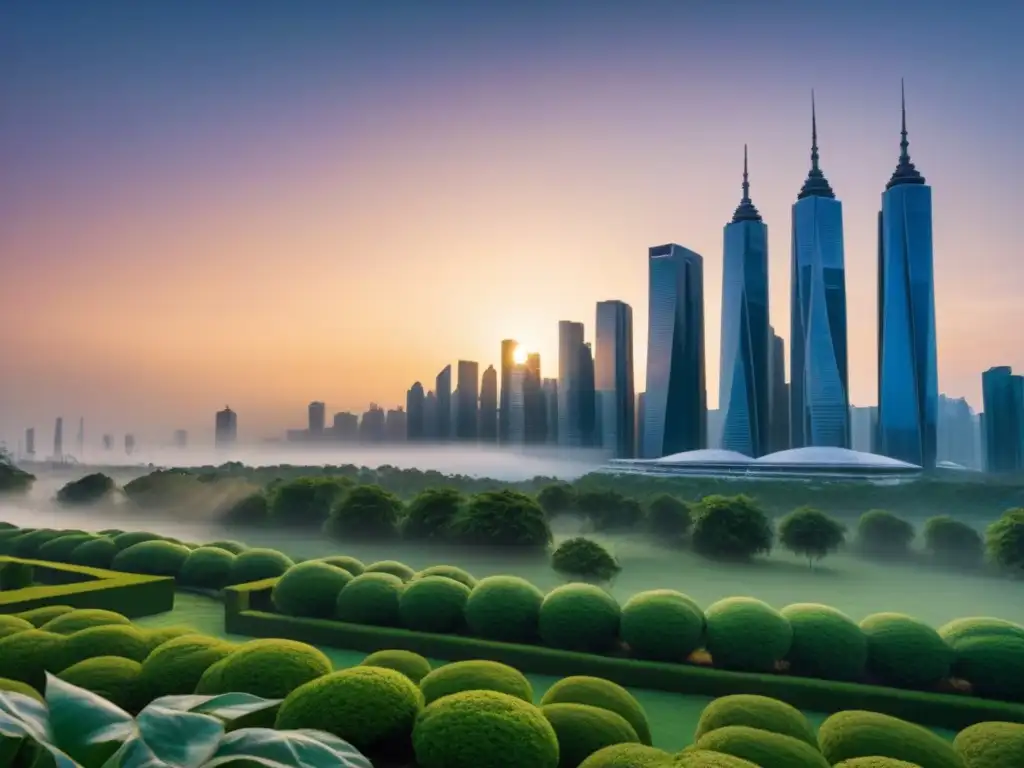Metrópolis futurista: armonía entre naturaleza y modernidad Un vibrante paisaje urbano fusionando naturaleza y modernidad en ciclos inmobiliarios en España