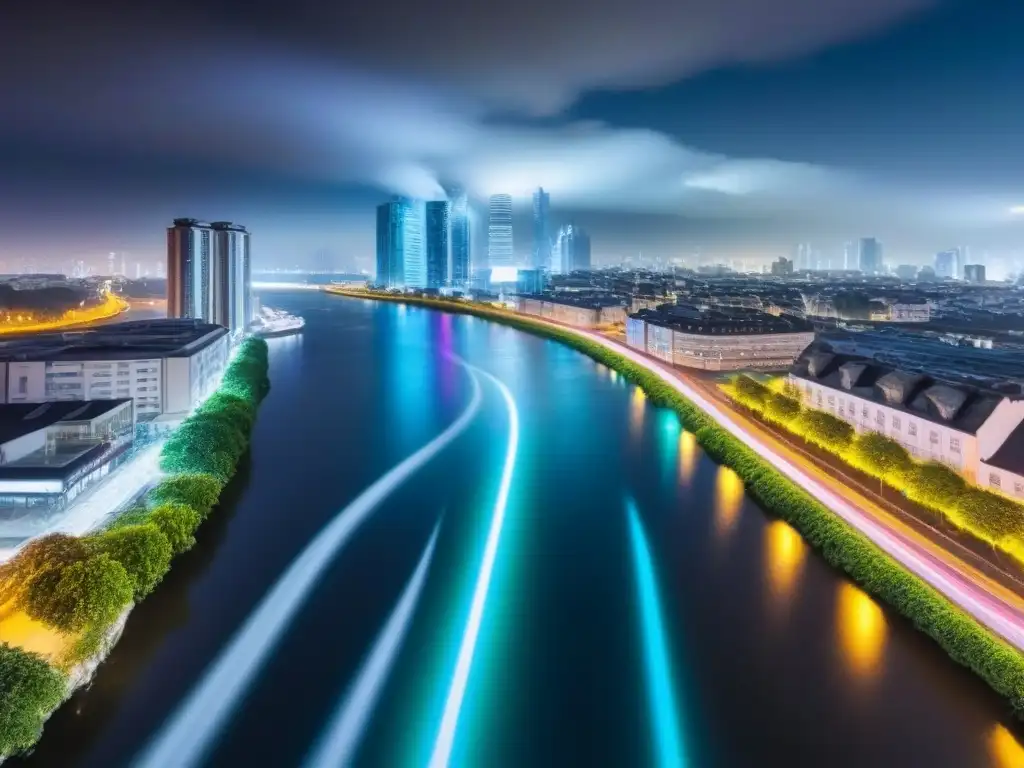 Metrópolis futurista: luces neón en río urbano Un vibrante paisaje urbano nocturno con edificios iluminados por luces de neón, reflejándose en un río, en una metrópolis futurista