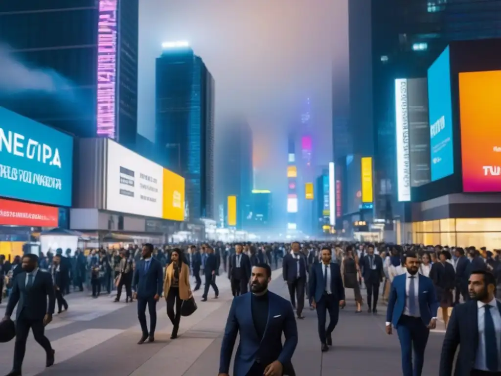 Metrópolis nocturna: luces y diversidad en la urbe moderna Un vibrante paisaje urbano nocturno en una gran ciudad, con rascacielos iluminados y gente diversa en movimiento