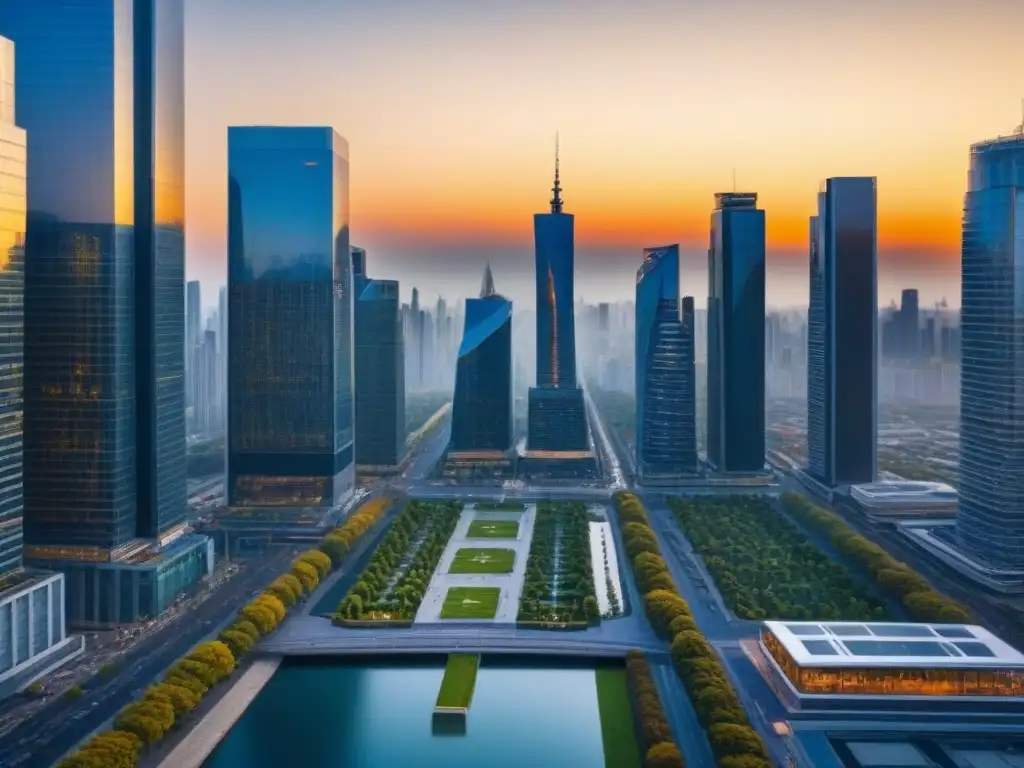 Metrópolis dorada: transparencia y diversidad en el mercado inmobiliario Un vibrante paisaje urbano con rascacielos reflejando tonos dorados del atardecer