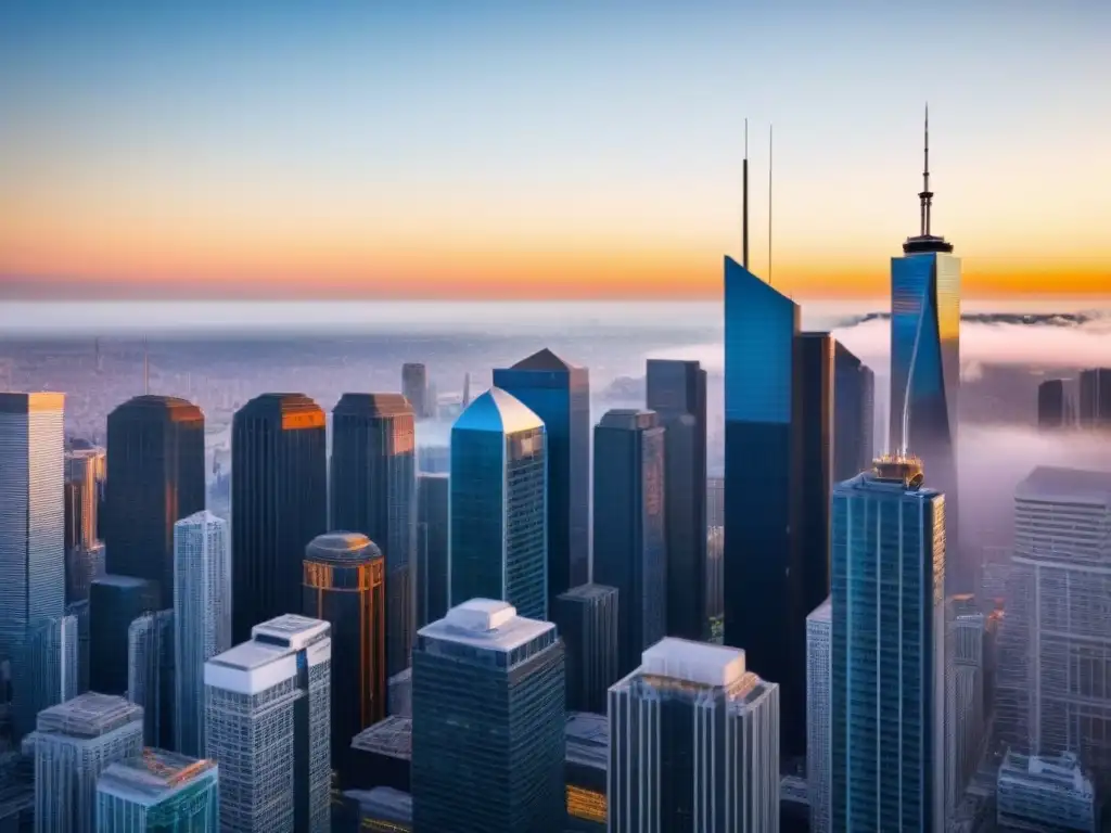 Profesionales en arquitectura moderna al atardecer Un vibrante paisaje urbano con rascacielos reflejando la luz dorada del atardecer, mostrando diversidad y colaboración en la industria de seguros propiedades comerciales mitos