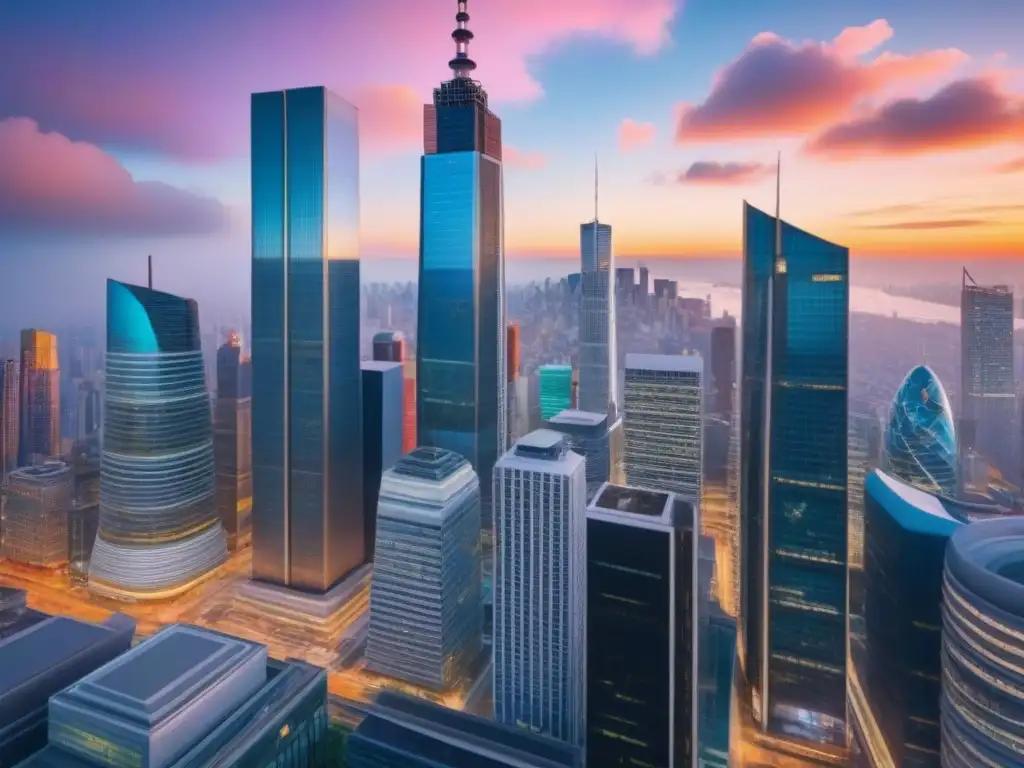 Metrópolis global: inversión inmobiliaria y negocios internacionales Un vibrante paisaje urbano con rascacielos, banderas internacionales y profesionales discutiendo, simbolizando inversiones inmobiliarias internacionales influenciadas por políticas gubernamentales