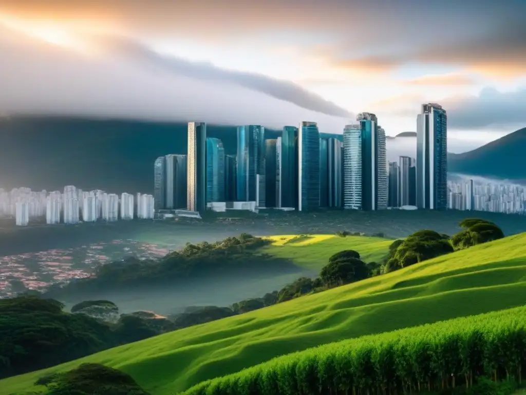 Esplendor urbano en Sudamérica: modernos rascacielos y naturaleza exuberante Un vibrante paisaje urbano en Sudamérica con rascacielos, vegetación exuberante y ambiente financiero