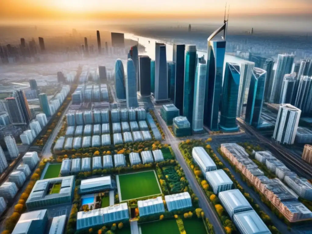 Vibrante mercado inmobiliario: ciudad moderna y próspera Un vibrante paisaje urbano con rascacielos, reflejo de los Indicadores clave rendimiento bienes raíces