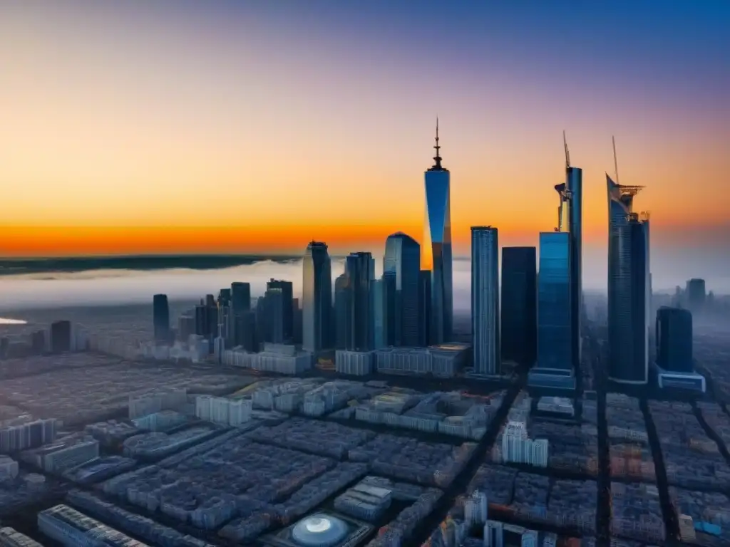 Horizonte urbano: ciudad moderna en atardecer dorado Un vibrante paisaje urbano con rascacielos dorados al atardecer, simbolizando oportunidades de inversión inmobiliaria