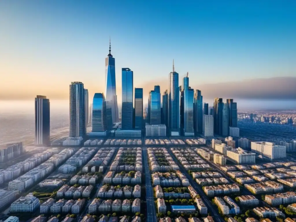 Inversión inmobiliaria en la ciudad: clave de los impuestos municipales Vibrante paisaje urbano con rascacielos y bulliciosas calles, donde el impacto de las tasas municipales en la inversión inmobiliaria es crucial