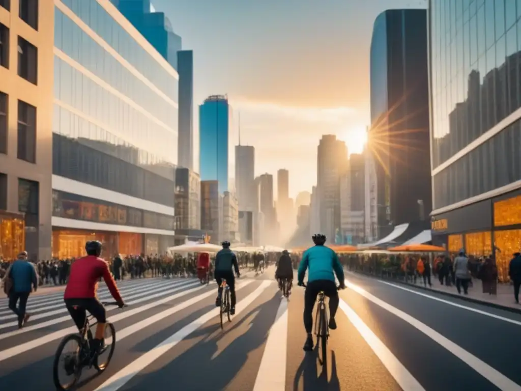 Metrópolis vibrante: arquitectura futurista y diversidad cultural en acción Un vibrante paisaje urbano con rascacielos futuristas, espacios verdes y variados estilos arquitectónicos se fusionan armoniosamente