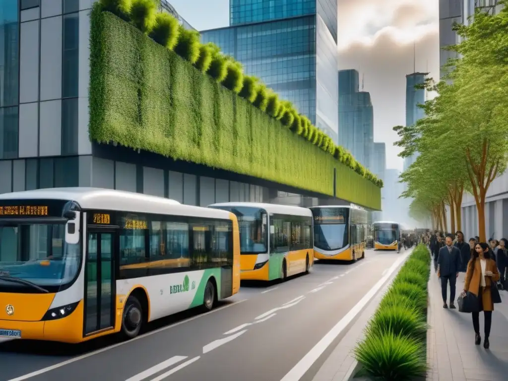 Escena urbana sostenible: armonía entre naturaleza y arquitectura moderna Un vibrante paisaje urbano sostenible con rascacielos modernos, jardines verticales y transporte ecoamigable