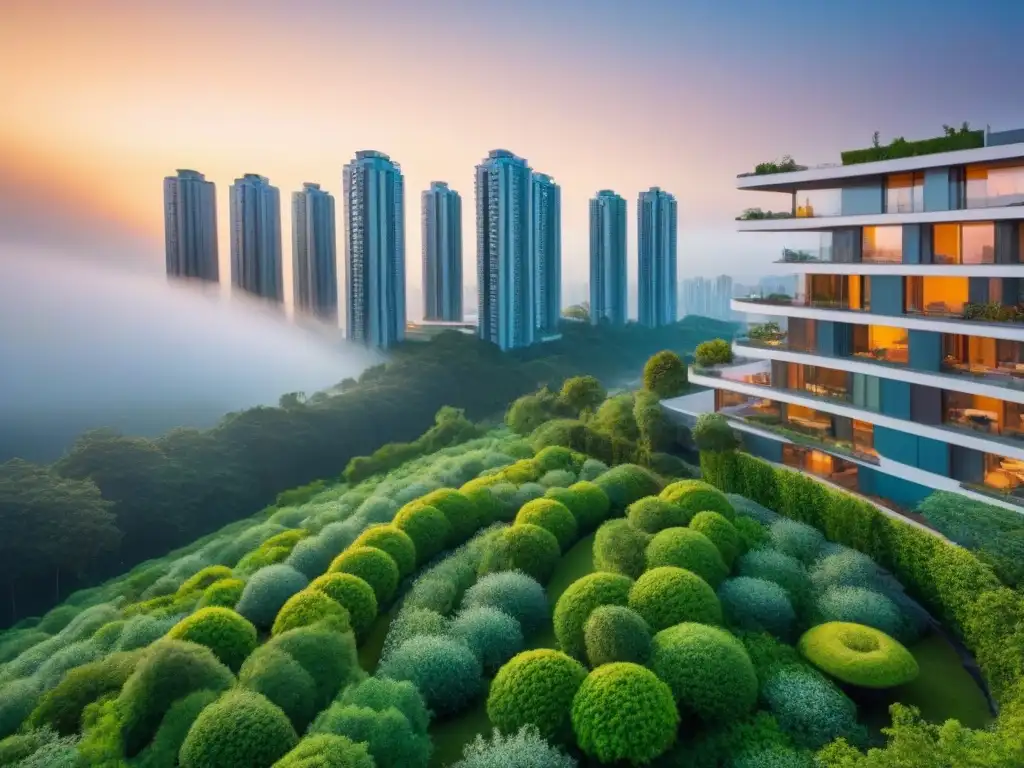Skyline futurista: innovación y comunidad en la ciudad vertical Vibrante paisaje urbano con viviendas verticales y espacios comunitarios en terrazas elevadas al atardecer