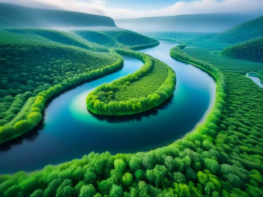 Paraíso natural: paisaje verde con río cristalino Vibrante paisaje verde con colinas y río cristalino