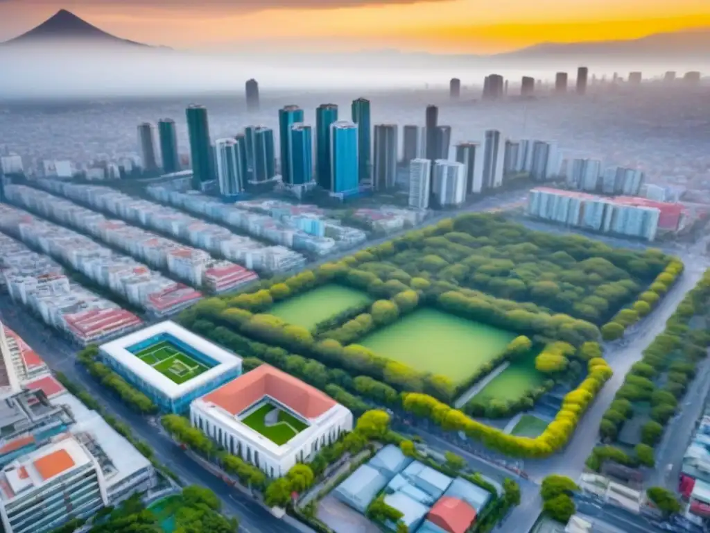 Vibrante ciudad mexicana: modernidad y naturaleza en armonía Un vibrante panorama aéreo de un bullicioso paisaje urbano en México con desarrollos mixtos en el mercado inmobiliario