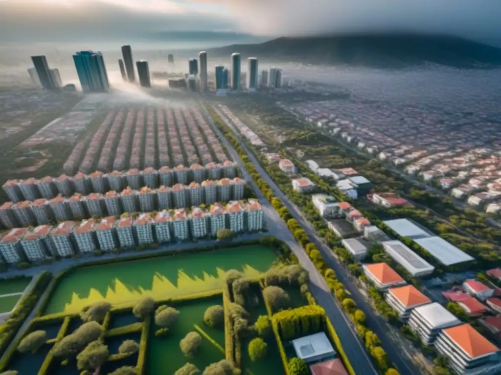 Desarrollo inmobiliario en México: ciudad vibrante y arquitectura única Un vibrante panorama aéreo de la ciudad mexicana, mostrando la compleja interacción entre regulaciones de uso de suelo y desarrollo inmobiliario