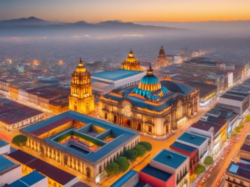 Oportunidades inmobiliarias en México: panorama urbano vibrante Vibrante panorama de Ciudad de México al anochecer con modernos rascacielos iluminados y arquitectura histórica