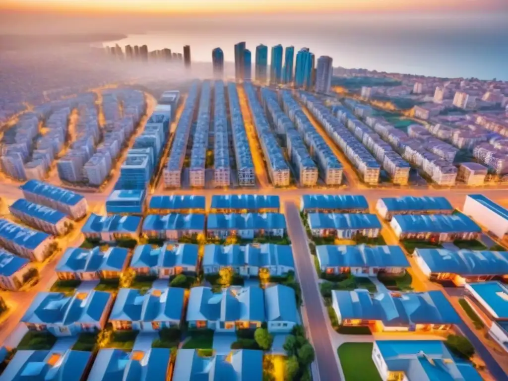 Portafolio inmobiliario diversificado en España: ciudad moderna y vibrante Vibrante panorama de estrategias inversión inmobiliaria diversificada en España, con variedad de propiedades y energía urbana