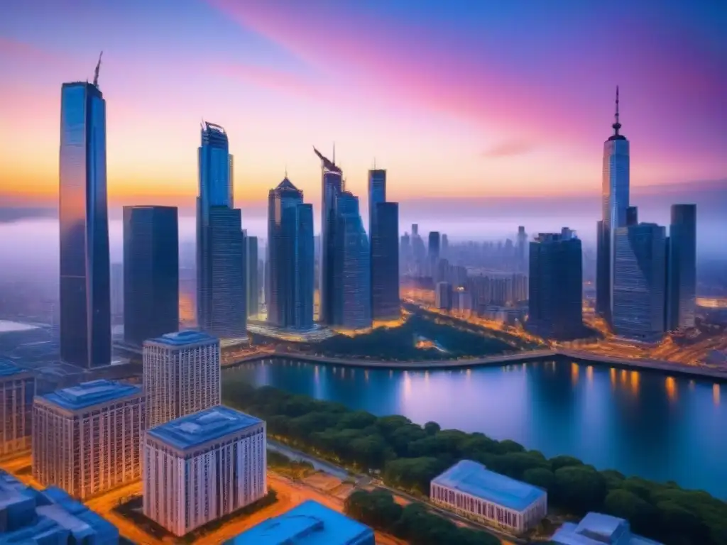 Skyline urbano: profesionales en acción al atardecer Vibrante panorama urbano al atardecer con profesionales en discusión y documentos, reflejando el refinanciamiento en el mercado inmobiliario