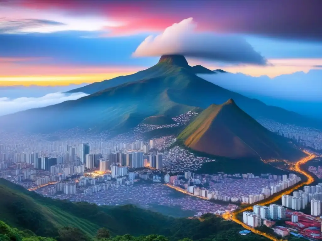 Horizonte de Caracas al atardecer: montaña Ávila y arquitectura urbana Vibrante panorama urbano de Caracas al atardecer, con el icónico Ávila y una mezcla de rascacielos modernos y edificaciones tradicionales, reflejo del mercado inmobiliario en Venezuela en transición
