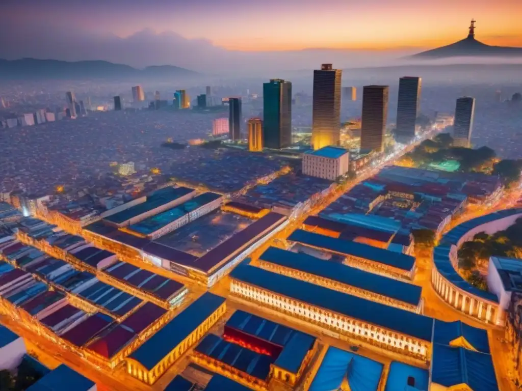 Skyline vibrante de la Ciudad de México: arquitectura tradicional y moderna Vibrante panorama urbano de la Ciudad de México con rascacielos, mercados coloridos y arquitectura tradicional y contemporánea