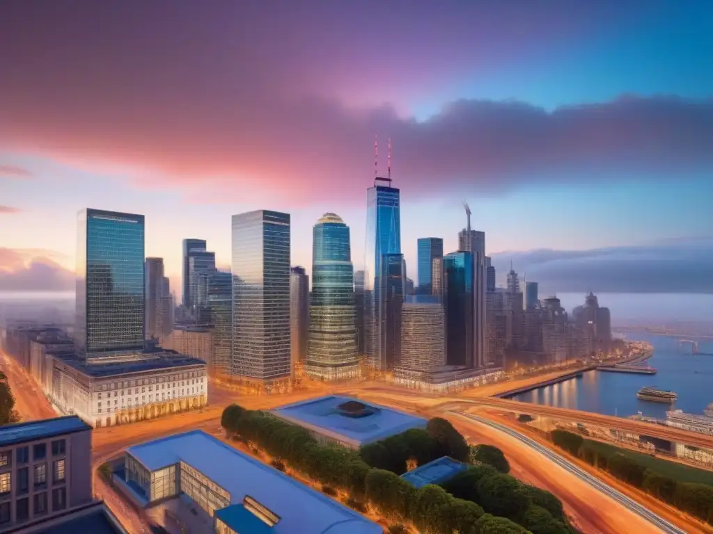 Skyline urbano al anochecer: mercado inmobiliario en auge Vibrante panorama urbano al anochecer, fusionando modernidad y historia