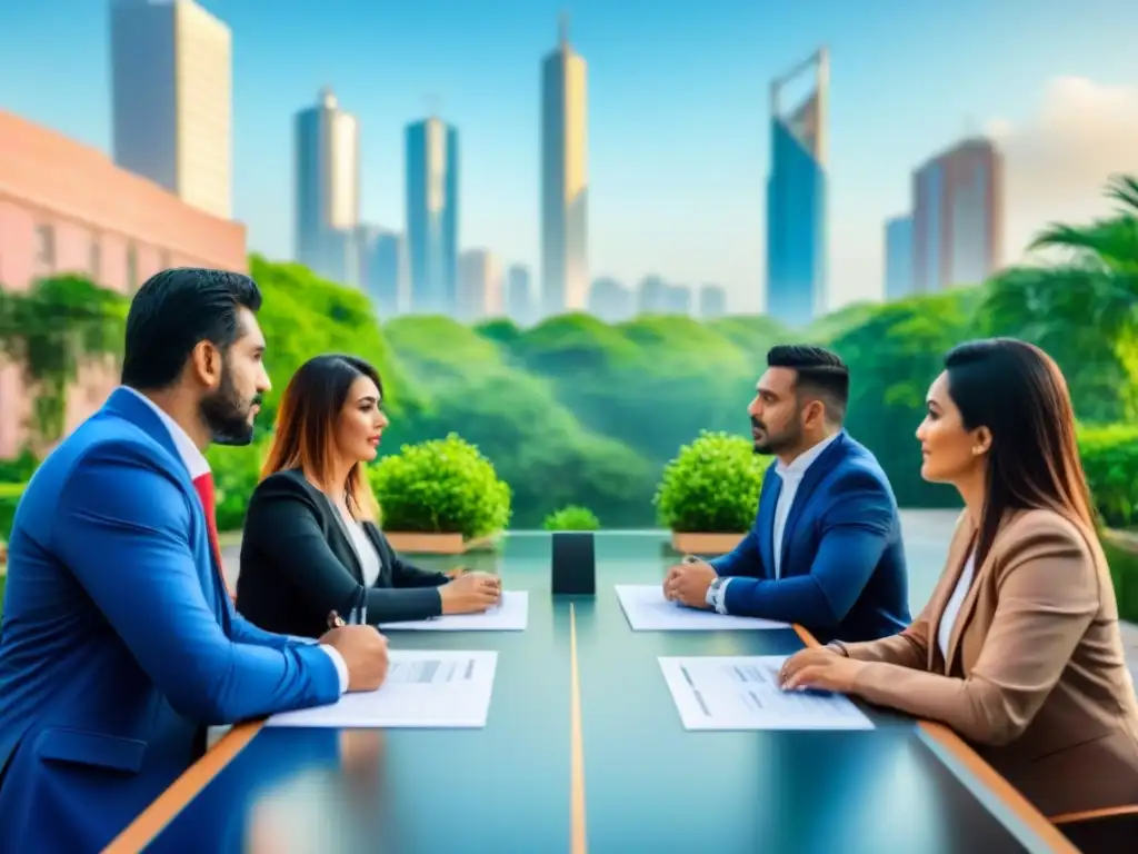 Avance inmobiliario en Paraguay: Profesionales colaborando en moderna ciudad Un vibrante panorama urbano en Paraguay con profesionales discutiendo leyes mercado inmobiliario Paraguay