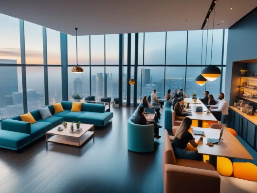 Escena urbana vibrante: café, tech startup, boutique y coworking Un vibrante panorama urbano de propiedades comerciales con cafetería, oficina tech, boutique y coworking