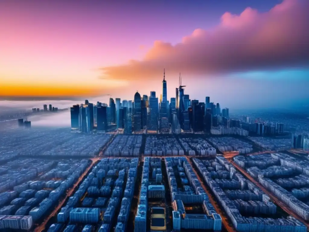 Horizonte urbano dorado: Mercado inmobiliario próspero Un vibrante panorama urbano con rascacielos modernos durante la hora dorada, reflejando oportunidades en análisis financiero inversiones inmobiliarias