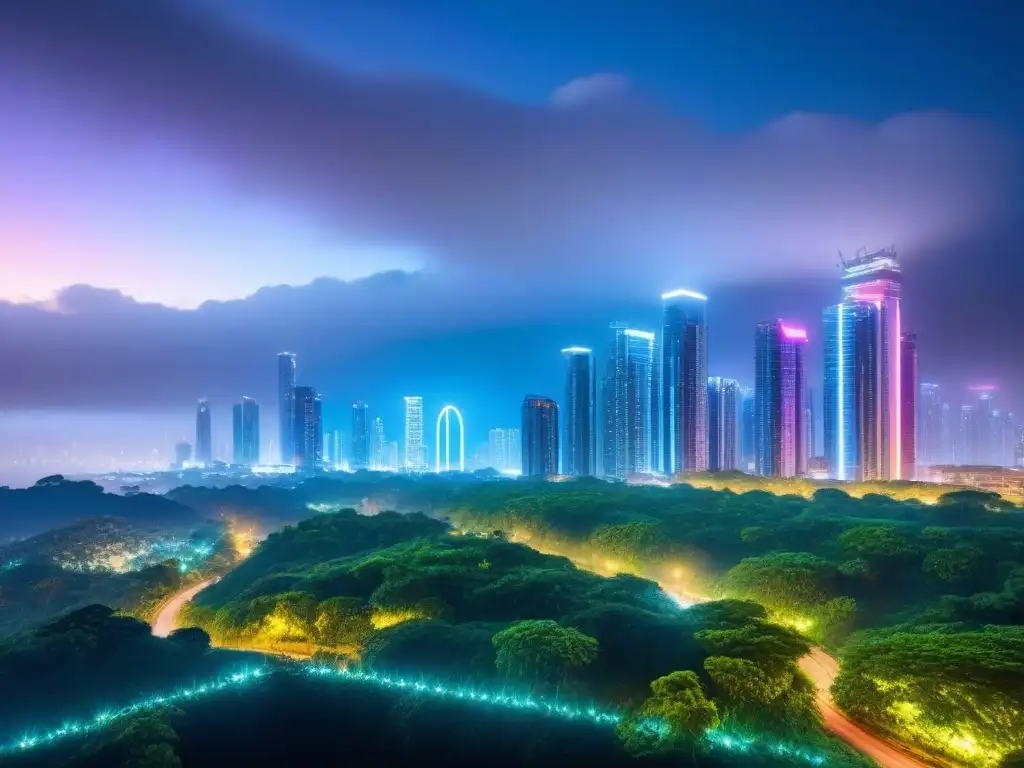 Metrópolis futurista eco-friendly: luces neón y sostenibilidad Vibrante panorámica urbana nocturna con rascacielos futuristas ecoamigables iluminados por luces de neón, rodeados de exuberante vegetación