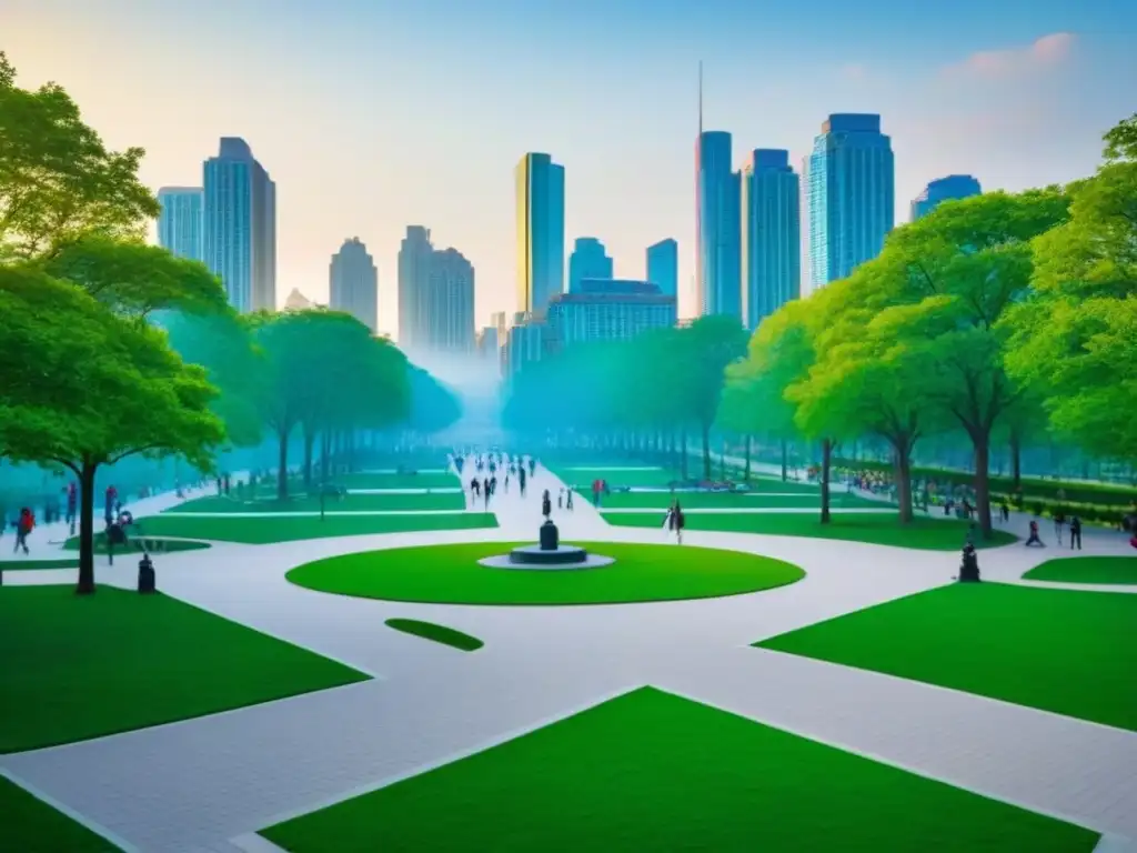 Paisaje urbano moderno con parque verde vibrante Un vibrante parque urbano en armonía con la ciudad, resaltando la importancia de los espacios verdes en el desarrollo urbano