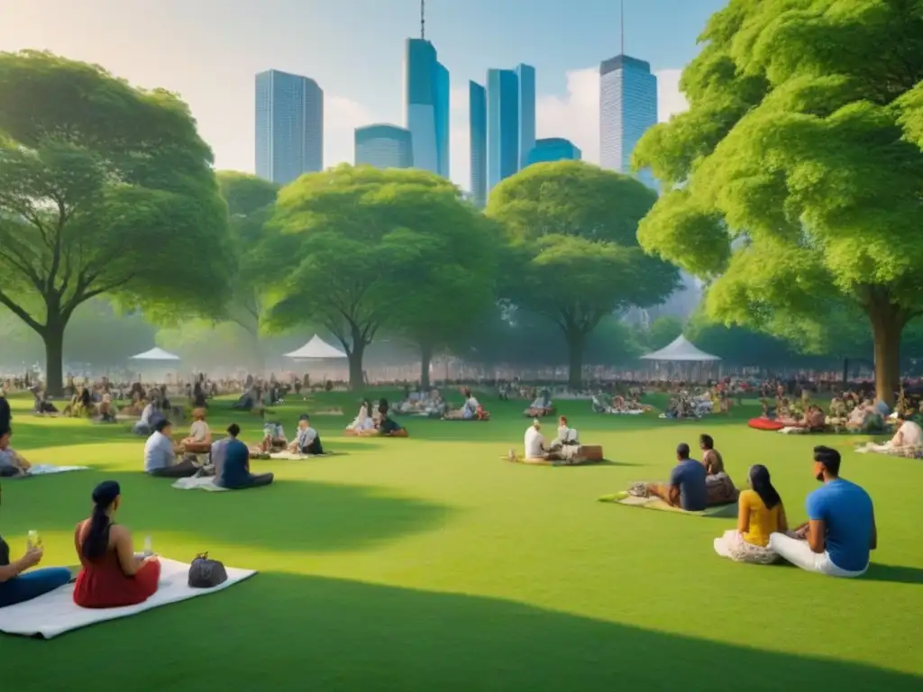 Parque urbano: comunidad y naturaleza en armonía Un vibrante parque urbano donde la diversidad y la naturaleza se funden en armonía