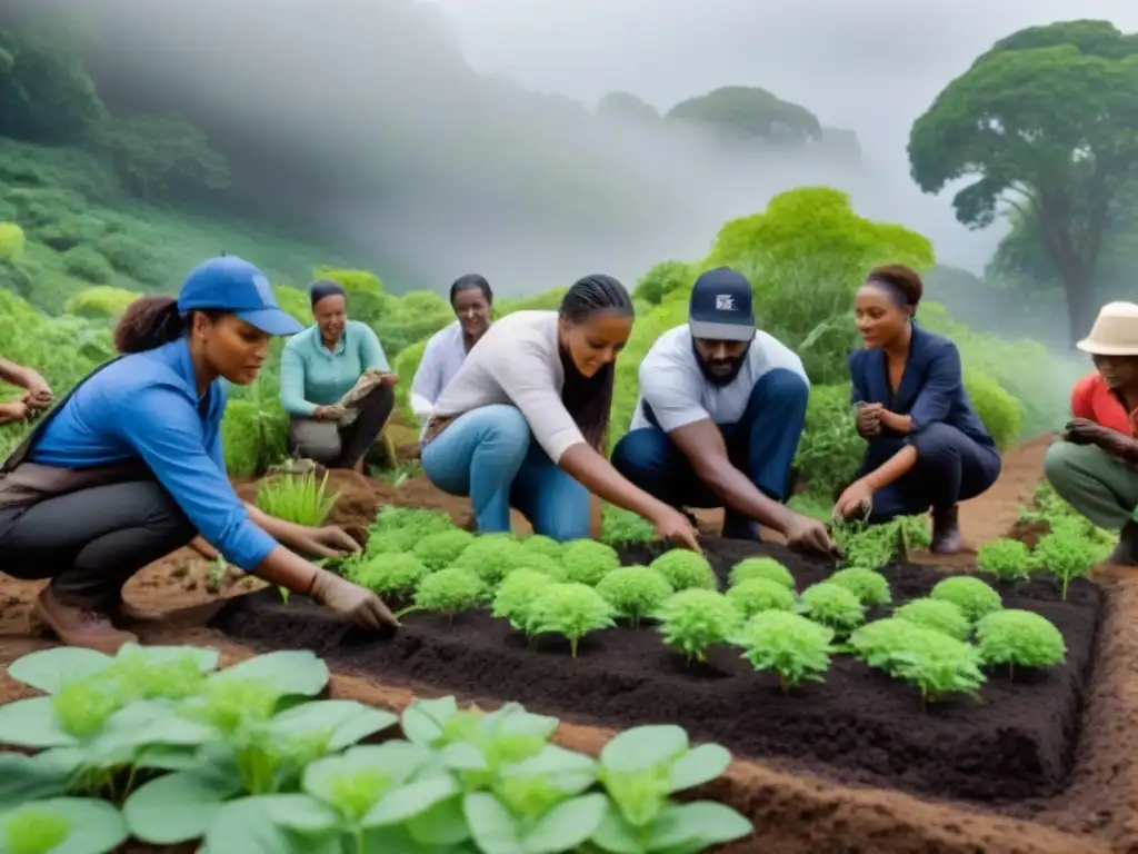 Proyecto de conservación comunitaria: unión, historia y naturaleza Vibrante ilustración de comunidad preservando patrimonio local con métodos participativos