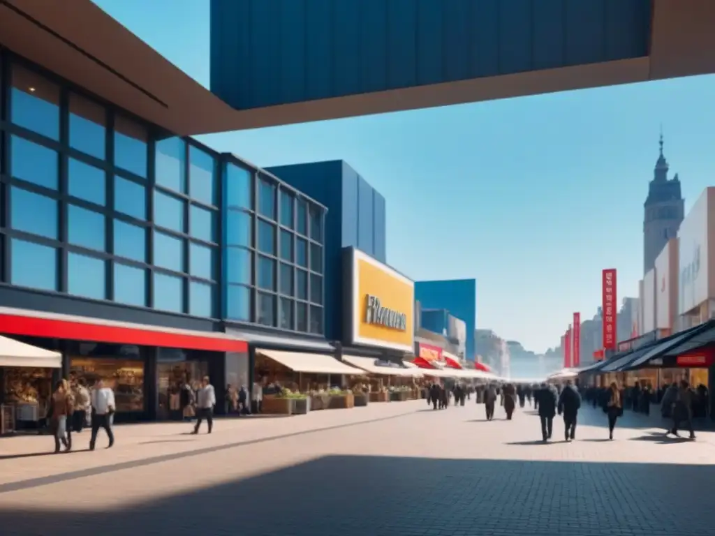 Plaza comercial moderna: vibrante y dinámica Vibrante plaza comercial con arquitectura moderna bajo cielo azul claro