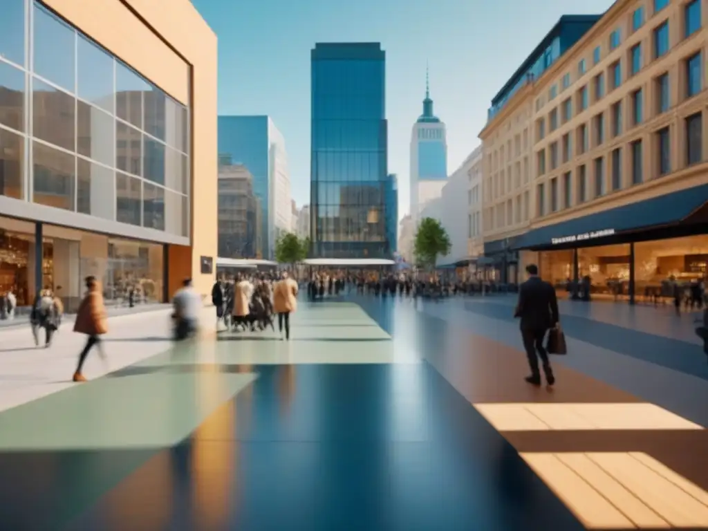 Plaza urbana multicultural con espacios comerciales modernos Vibrante plaza comercial moderna con diversidad de negocios y personas, proyectando una atmósfera inclusiva y dinámica